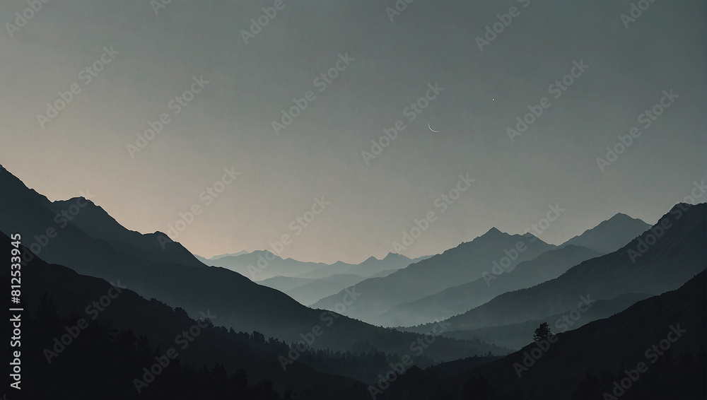 A black and white photo of a mountain range in the distance with clouds above.

