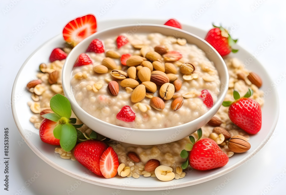 A bowl of oatmeal porridge topped with strawberries and nuts with green leaves in the white background