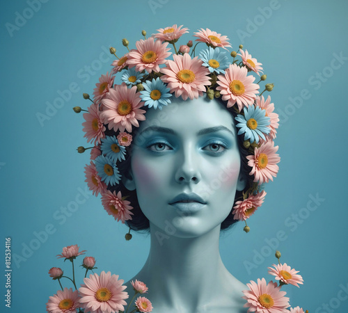 Femme avec couronne de fleurs et coiffe florale, isolé sur fond bleu