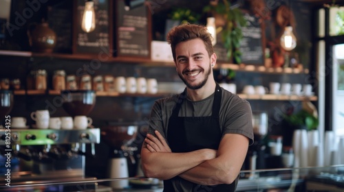 Portrait of a handsome barista in a grey t-shirt and apron standing at the bar of the modern cafe