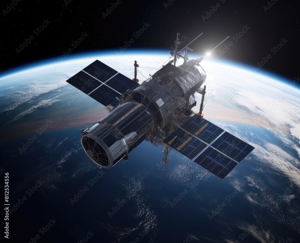 A mechanical satellite against the backdrop of planet Earth. Technologies. AI generative. A mechanical satellite against the backdrop of planet Earth. Technologies. AI generative.