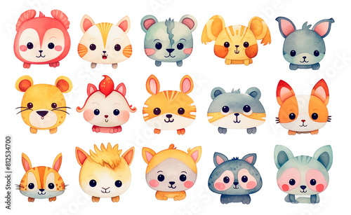 Baby cute faces animals watercolor set. Hand drawn set small animals. generated Ai