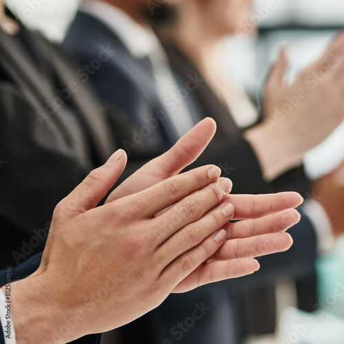 Business people  hands and applause for meeting in office  motivation and support for company win. Employees  clapping and solidarity for target or goals achievement  celebration and victory deal