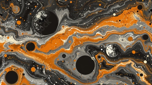 Abstract Cosmic Artwork with Black and Orange Swirls and Planetary Motifs