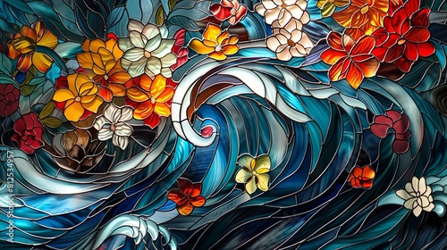 A colorful stained glass window depicting a wave with flowers in the water