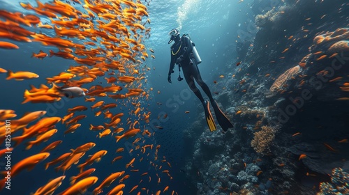 A male scuba diver is swimming underwater in the clear blue tropical sea, surrounded by a colorful coral reef, exotic fish, and the seabed.