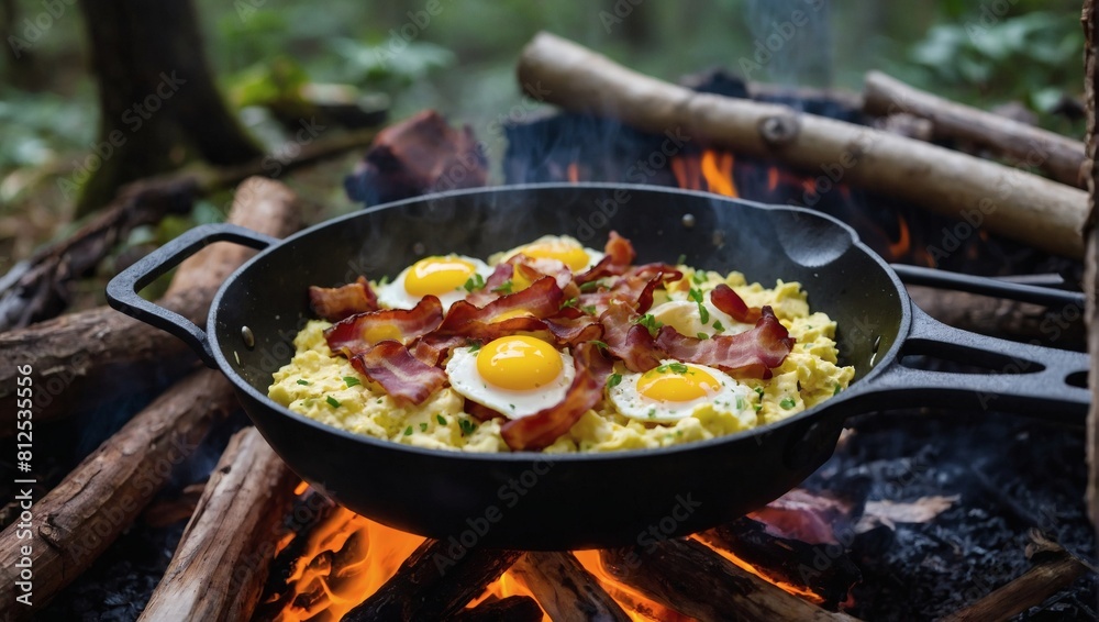 Campfire Cuisine, Scrambled Eggs and Bacon Frying in Pan for Hearty Forest Breakfast. Campfire Cuisine, Scrambled Eggs and Bacon Frying in Pan for Hearty Forest Breakfast.