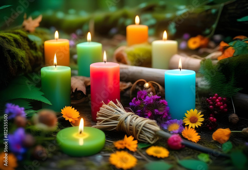 A forest setting with colorful candles and flowers  creating a magical and mystical atmosphere