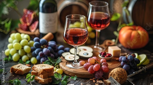 A table with a variety of fruits and a bottle of wine