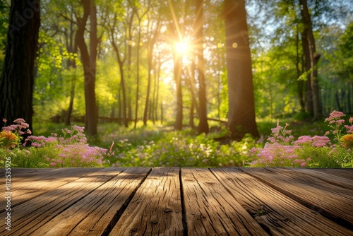 An empty wooden table in springtime in sunny rays.