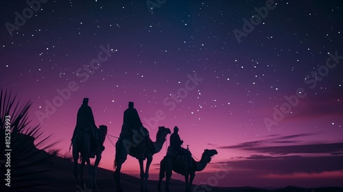 Twilight Odyssey: Silhouettes of Camels and Riders Under the Starry Sky
