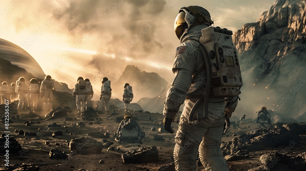 Astronaut standing in front of the mountains. Science fiction art. Copy space.