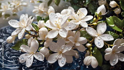 Water drops on a beautiful colorful jasmine flowers gardens background design wallpaper