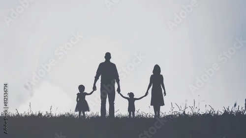 A family of four is silhouetted against a cloudy sky. The man and woman are holding their children's hands, and the children are looking up at the sky photo