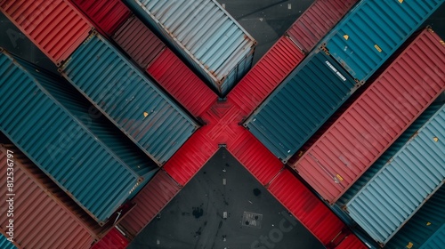 Symmetrical Stacks: Rainy Dockyard with Red and Blue Shipping Containers

