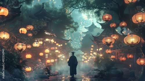 Wallpaper Mural A man is walking through a forest with lanterns hanging from the trees. The lanterns are lit up, creating a warm and inviting atmosphere. The man is wearing a robe Torontodigital.ca