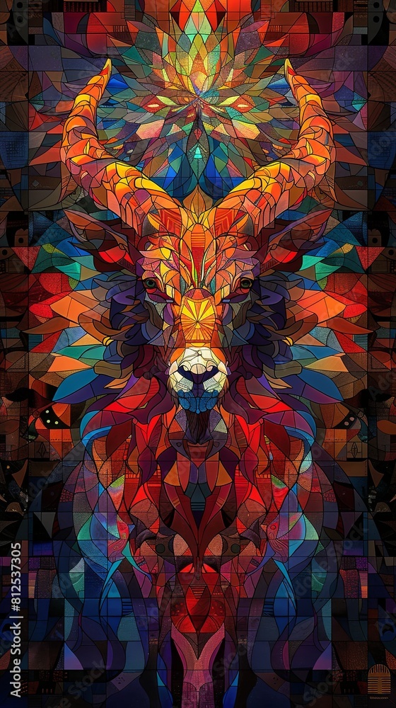 A colorful goat with a large horn is the main focus of this image