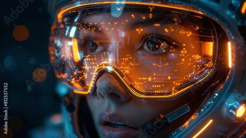 A close-up of a young woman wearing a futuristic visor.