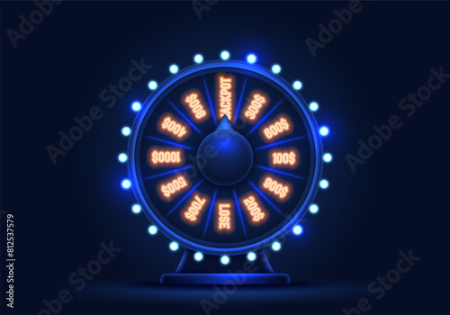 Neon wheel of fortune. Spinning lucky roulette on a bright background. Vector illustration.