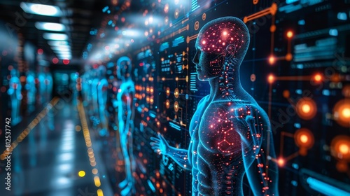 Digital human body made of glowing blue and red particles standing in a futuristic digital environment with a grid pattern.