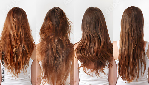 Woman before and after hair treatment on white, back view. Collage with damaged and healthy hair