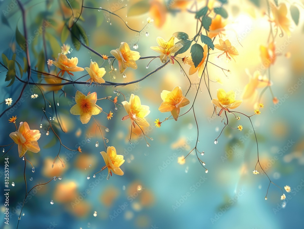 Fototapeta premium Golden flowers dangle from a twig on the tree branch against the vivid blue sky