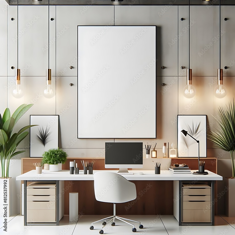 A computer on a desk office work room with a chair and a plant on the wall image art realistic. A computer on a desk office work room with a chair and a plant on the wall image art realistic.