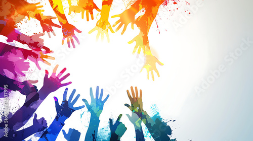 Embracing Business Unity and Diversity: Hands Forming a Circle Against a White Wallpaper Border, Enhanced by Realistic Sunlight Effect and Graphic Designing Touch. 