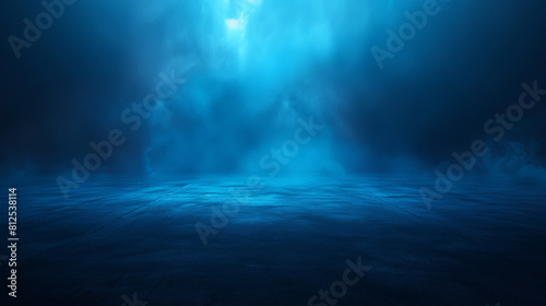 Abstract Dark Background with Smoke, Light Rays, and Glowing Mist on Asphalt Floor