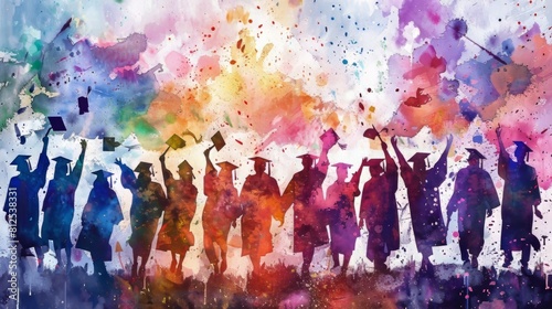 Graduation celebration depicted in a vibrant watercolor artwork