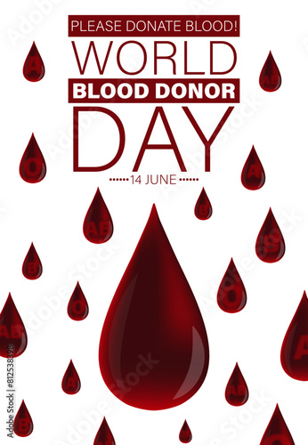 Vector illustration of donate blood vertical poster design. Blood donor day, drops of blood with blood groups sign, medical health care concept.