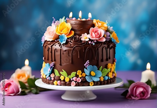Birthday cake with candle Chocolate and Flower Birthday Cake Celebration 