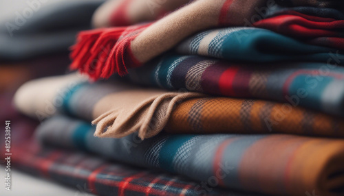 artan Scarfs in a Stack, luxury cashmere textured fabric with plaid pattern in stacking background
 photo