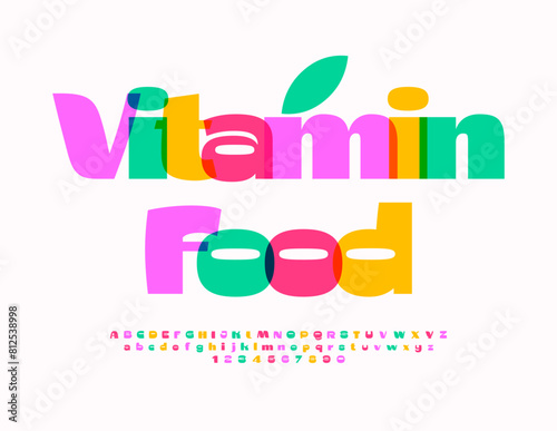 Vector advertising badge Vitamin Food. Bright Creative Font. Artistic set of Alphabet Letters and Numbers.