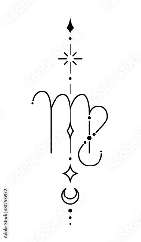 Virgo zodiac sign and symbol blackwork tattoo. Sacred geometry horoscope tattoo design, mystic symbol of constellation. New school dotwork, line art minimalist style tattoo. Boho design.