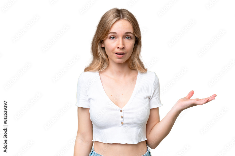 Young English woman over isolated background making doubts gesture Young English woman over isolated background making doubts gesture