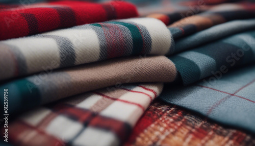 artan Scarfs in a Stack, luxury cashmere textured fabric with plaid pattern in stacking background 