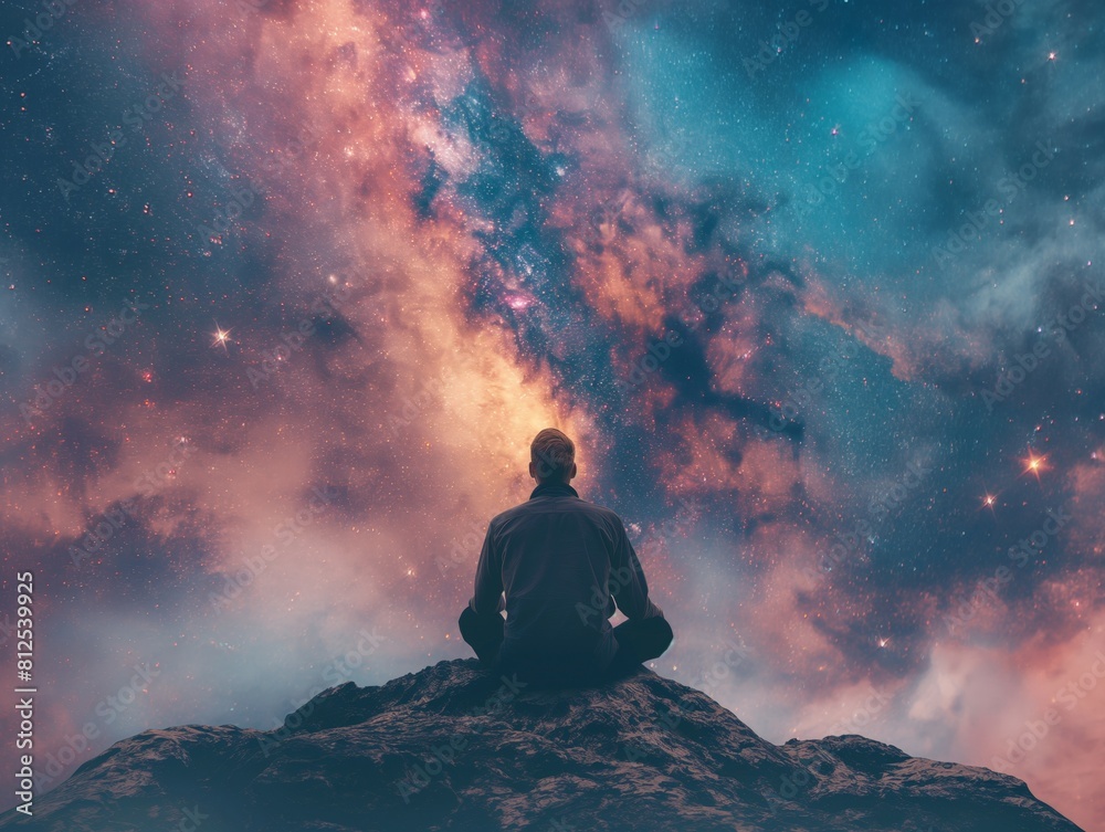 A person sits atop a mountain gazing into a star-filled sky, evoking a sense of wonder and introspection.