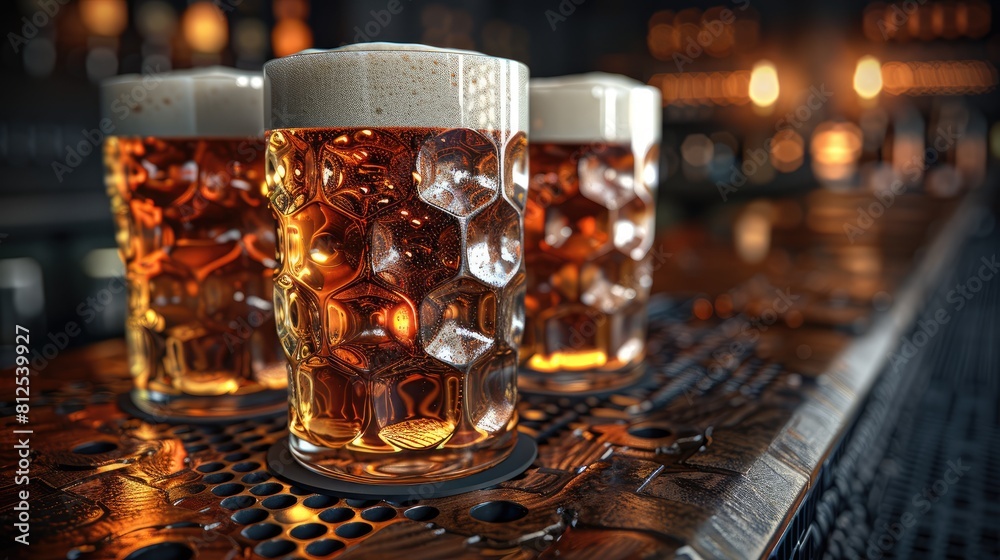 two mugs of beer are sitting on a wooden table two mugs of beer are sitting on a wooden table
