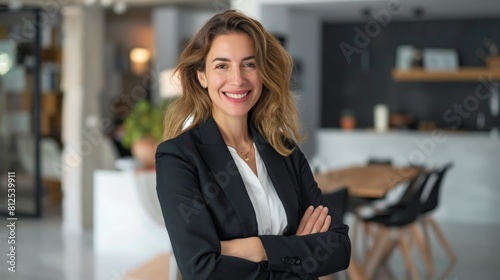 A woman in a business suit is smiling and posing for a photo