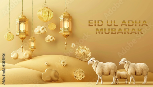 eid ul adha card with sheep and lamp with light colour background for Muslim festival generated by AI