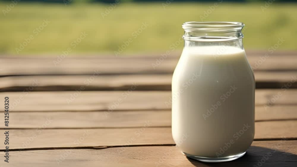 Fresh milk in glass on wooden table , Landscape with cows and green grass on the background. Sunny morning dairy farm products Fresh milk in glass on wooden table , Landscape with cows and green grass on the background. Sunny morning dairy farm products