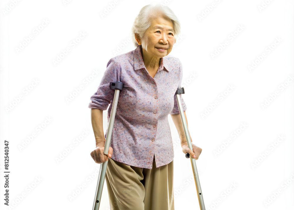 very old asian women walking with crutches Isolated on white background very old asian women walking with crutches Isolated on white background