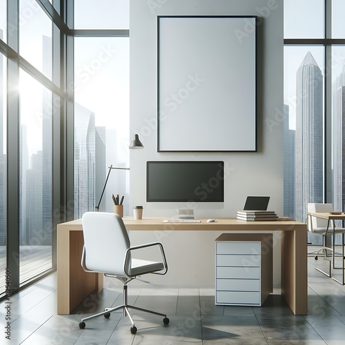 A desk with a computer and a chair in front of a large window image lively has illustrative meaning card design. photo