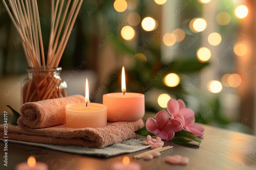 In a tranquil spa salon setting, burning candles cast a soft, warm glow, while aromatic reed diffusers release soothing scents into the air. The flickering flames and delicate fragrance create a seren In a tranquil spa salon setting, burning candles cast a soft, warm glow, while aromatic reed diffusers release soothing scents into the air. The flickering flames and delicate fragrance create a seren