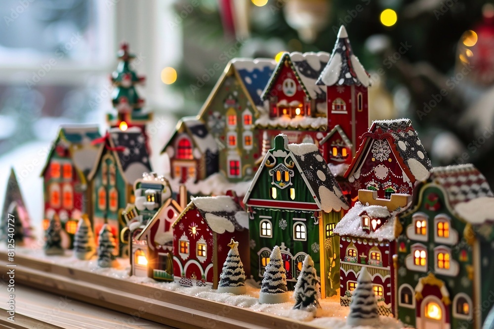 Naklejka premium Small Christmas toy houses and Christmas gift boxes in the store