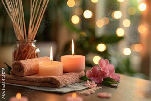In a tranquil spa salon setting  burning candles cast a soft  warm glow  while aromatic reed diffusers release soothing scents into the air. The flickering flames and delicate fragrance create a seren
