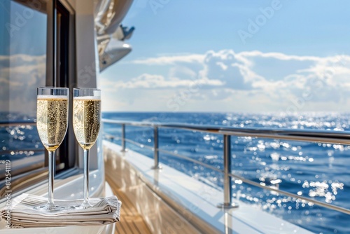  Luxury at sea with champagne, sparkling waters, and an affluent lifestyle aboard a majestic yacht under the sun. Banner with copy space