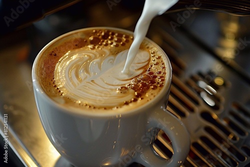 The milk is slowly poured into the latte, creating beautiful patterns on the surface of the drink.