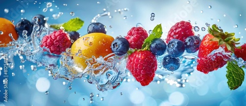 Colorful flying fresh berries and fruits with splashes of water on blue background  banner design. B tyndall effect. Sunlight. Backlit.